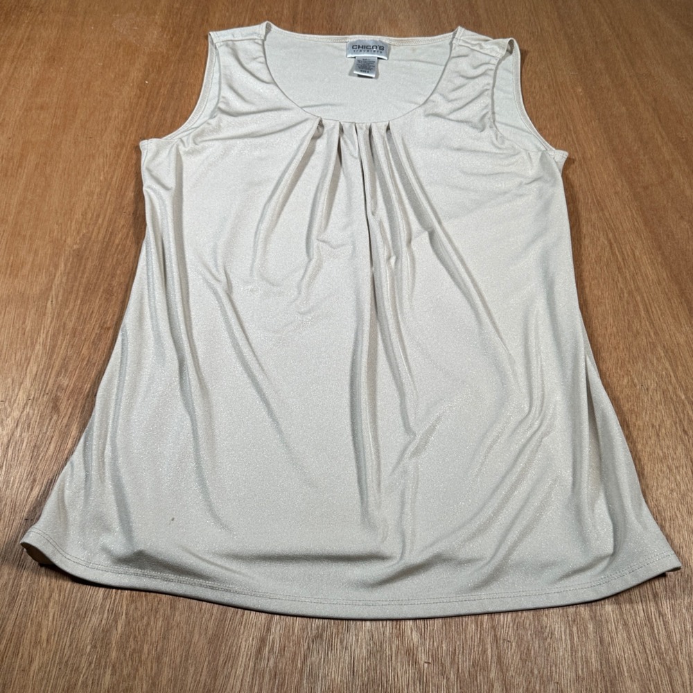 Chico's Travelers Tank Top Womens Size 0(S) Champagne Shimmer Pleated Sleeveless